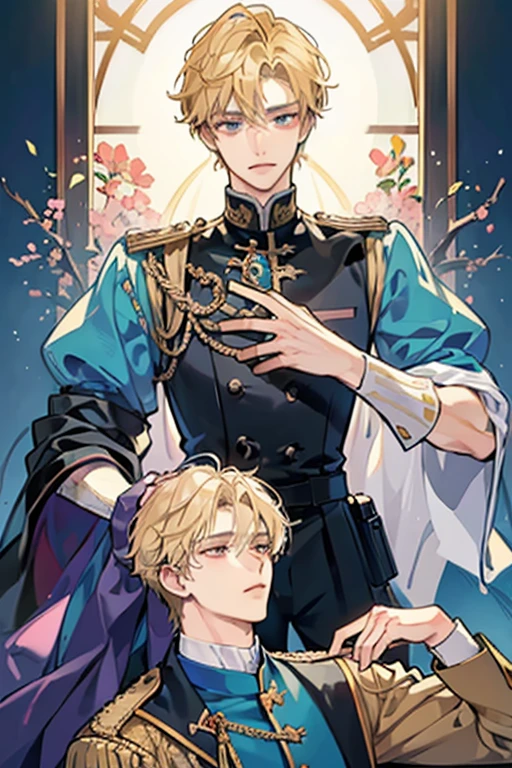 ((Highest quality)), ((masterpiece)), (detailed), Perfect Face, 2 boys, Gay couple, There was a tall, handsome boy with medium-length blonde hair and turquoise eyes., Looks fierce and bold, Tsundere, Very tall, hot and other boy has black hair and red eyes and is cute adorable and is bubbly and shorter, tall, Those two are in love, Romance, Gay couple, BL couple, Yaoi, 4K Ultra Anime Quality, Anime art style, bl Yaoi, Embrace, 4KAnime art style, cute, Royalty, prince, Royal Family, Soft look