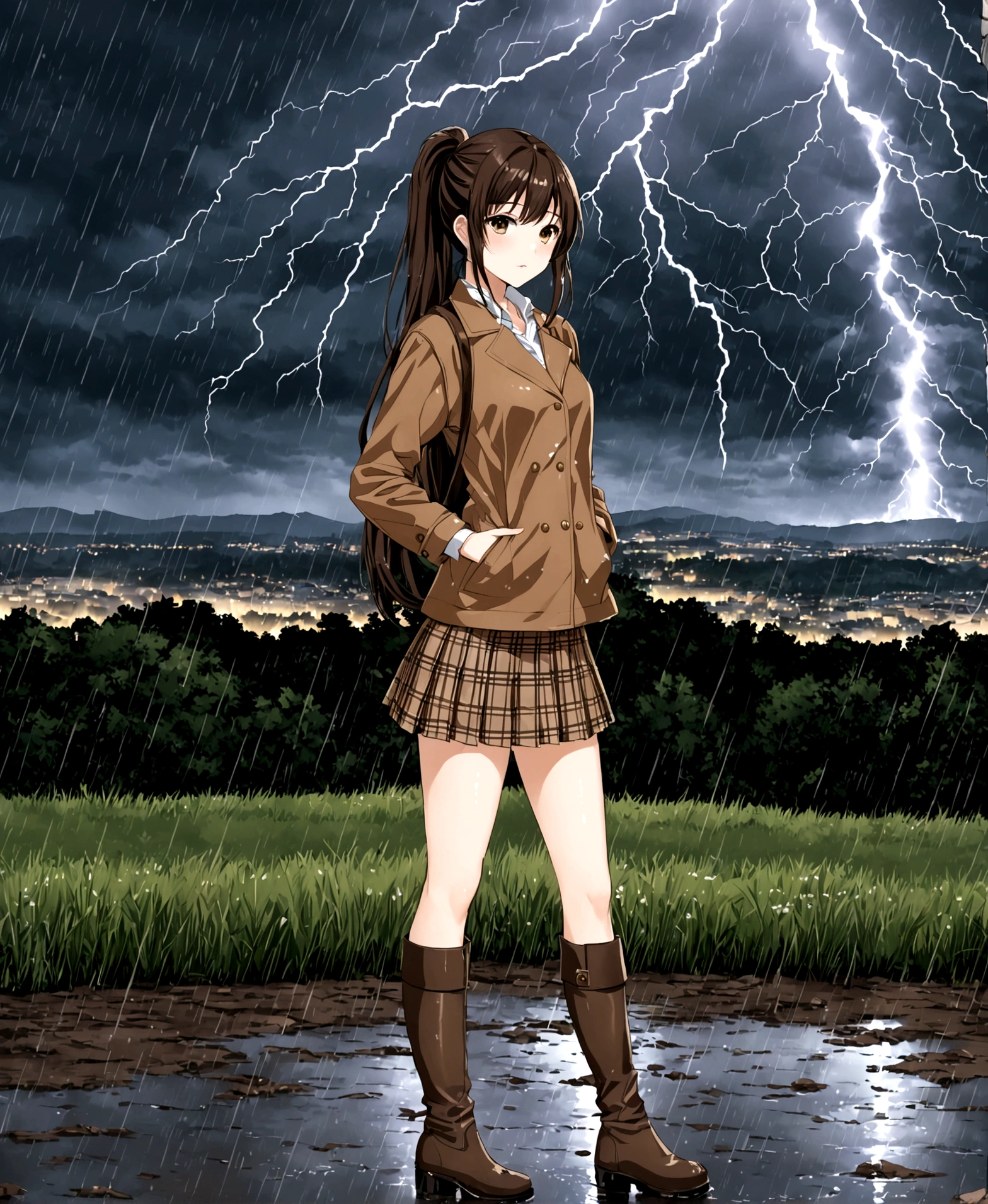 A beautiful woman, 18 years old, in the rain, lightning in the sky, in the countryside, city in the background, wet earth, nostalgic, sad, /(white skin, dark brown hair extremely long and straight or combed into a ponytail, light brown eyes,), /(plaid folded mini skirt, dark stockings, knee-high boots, styrofoam coat, worsted cap,), /(shapely legs, athletic hourglass body, medium hips, medium waist, large chest, perfect tapered hands, triangular face, long fingers, Greek nose,),