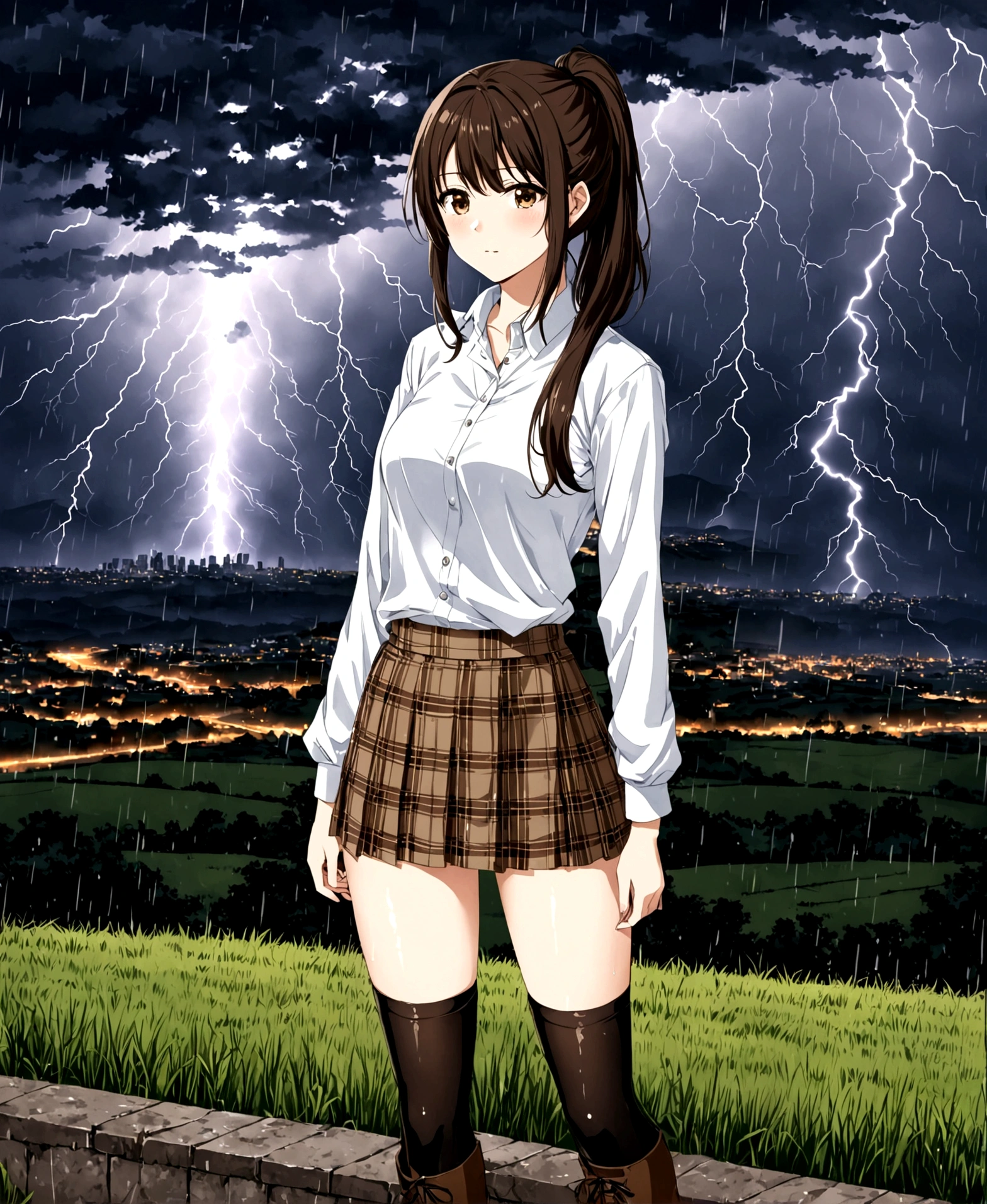 A beautiful woman, 18 years old, in the rain, lightning in the sky, in the countryside, city in the background, wet earth, nostalgic, sad, /(white skin, dark brown hair extremely long and straight or combed into a ponytail, light brown eyes,), /(plaid folded mini skirt, dark stockings, knee-high boots, styrofoam coat, worsted cap,), /(shapely legs, athletic hourglass body, medium hips, medium waist, large chest, perfect tapered hands, triangular face, long fingers, Greek nose,),