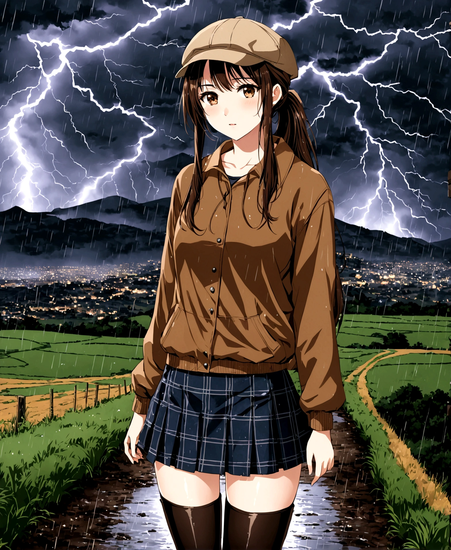 A beautiful woman, 18 years old, in the rain, lightning in the sky, in the countryside, city in the background, wet earth, nostalgic, sad, /(white skin, dark brown hair extremely long and straight or combed into a ponytail, light brown eyes,), /(plaid folded mini skirt, dark stockings, knee-high boots, styrofoam coat, worsted cap,), /(shapely legs, athletic hourglass body, medium hips, medium waist, large chest, perfect tapered hands, triangular face, long fingers, Greek nose,),