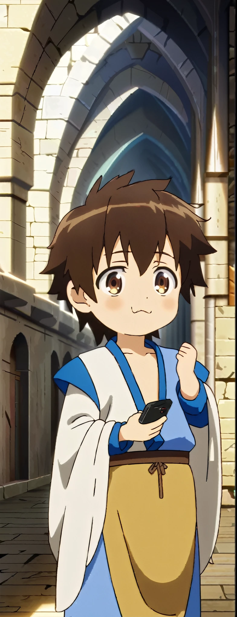1 a boy dressed in blue clothes exposing the left side of his chest, holding a cell phone, brown hair, brown eyes, full body portrait, anime, cute face and eyes, beautiful long eyelashes, adorable expression, medieval context, 8k , high resolution, masterpiece