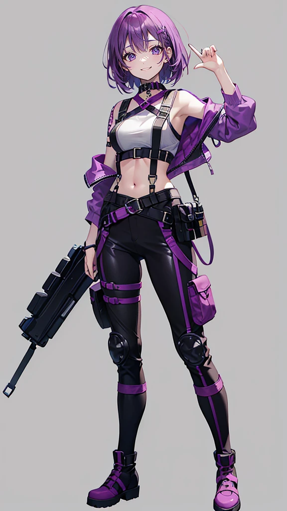purple hair,girl,1 person,medium hair,Harness,pants,boots,simple background,smile,whole body,full body,standing position,Standing picture,vtuber,front,How to look at the viewer,Focus your gaze on the front,arm to the side