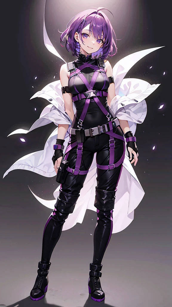 purple hair,girl,1 person,medium hair,Harness,pants,boots,simple background,smile,whole body,full body,standing position,Standing picture,vtuber,front,How to look at the viewer,Focus your gaze on the front,arm to the side