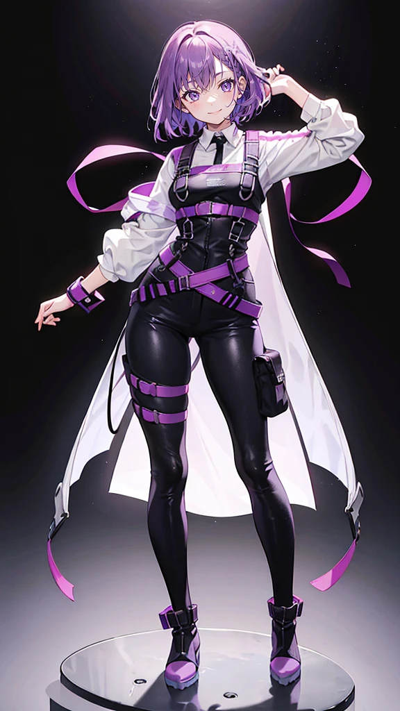 purple hair,girl,1 person,medium hair,Harness,pants,boots,simple background,smile,whole body,full body,standing position,Standing picture,vtuber,front,How to look at the viewer,Focus your gaze on the front,arm to the side