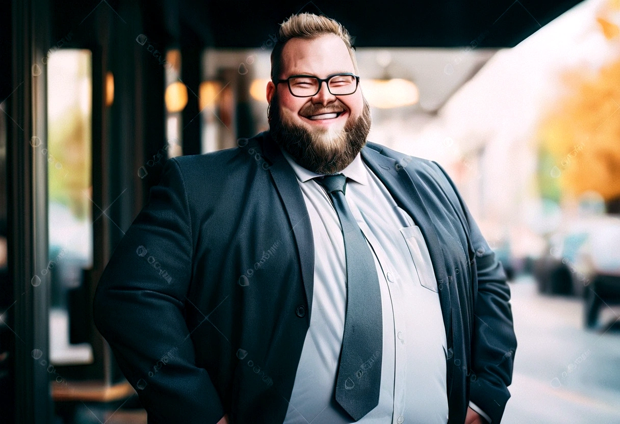 Fat white guy, with a big smile, glasses, and a beard. He's wearing a black open suit, and a white ou gray shirt