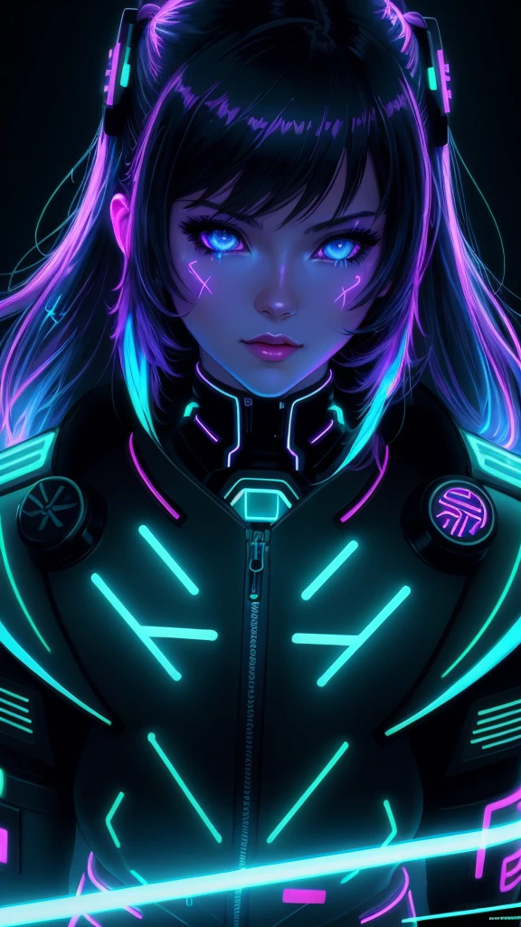 a close up of a person standing in the dark with a neon light, anime cyberpunk art inspired by Ross Tran, trending on cg society, holography, glowing neon, neon outline, neon outlines, neon and dark, 8 0 s anime vibe, neon glowing, glowing in the dark, glowwave girl portrait, anime inspired by ross tran style