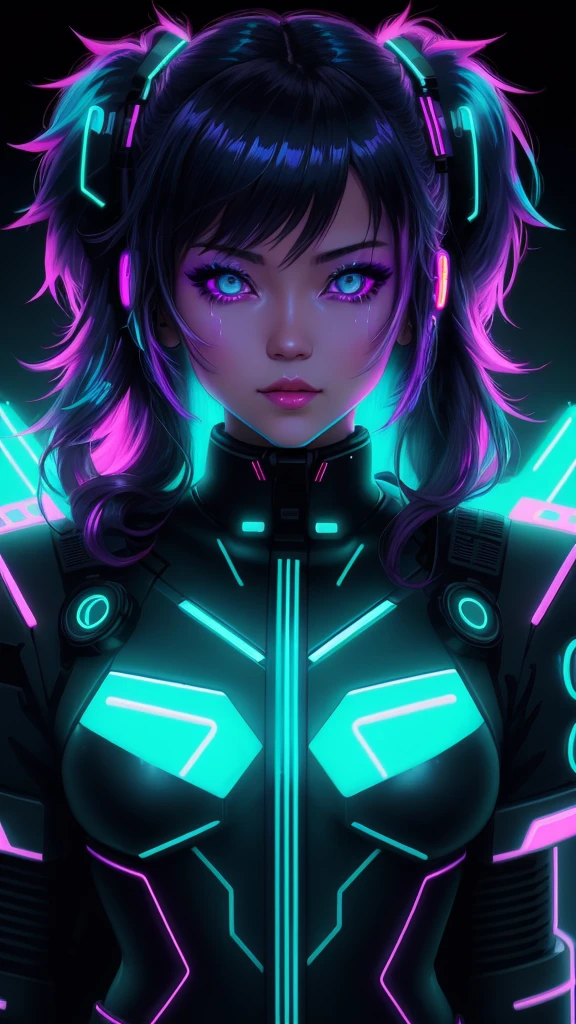 a close up of a person standing in the dark with a neon light, anime cyberpunk art inspired by Ross Tran, trending on cg society, holography, glowing neon, neon outline, neon outlines, neon and dark, 8 0 s anime vibe, neon glowing, glowing in the dark, glowwave girl portrait, anime inspired by ross tran style