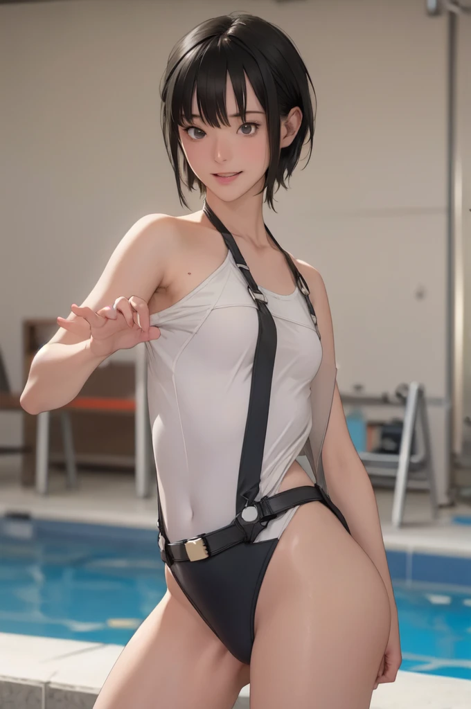 ((masterpiece, best quality)),((highres:1.2)), 1 Girl, solo, Blurred Background, ((One piece swimsuit)), (((Small breasts))), Thighs, pool, (Groin), (slanted eyes), Excited Pose, ((pixie cut:1.3))