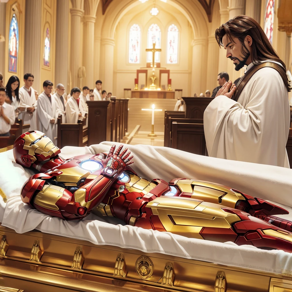 an high resolution image of iron man, lies in a golden coffin. He is in a peaceful state with his hands clasped on his chest. Around the coffin, Jesus Christ ( from bible)wearing white robe praying, background in church, people paying their respects.