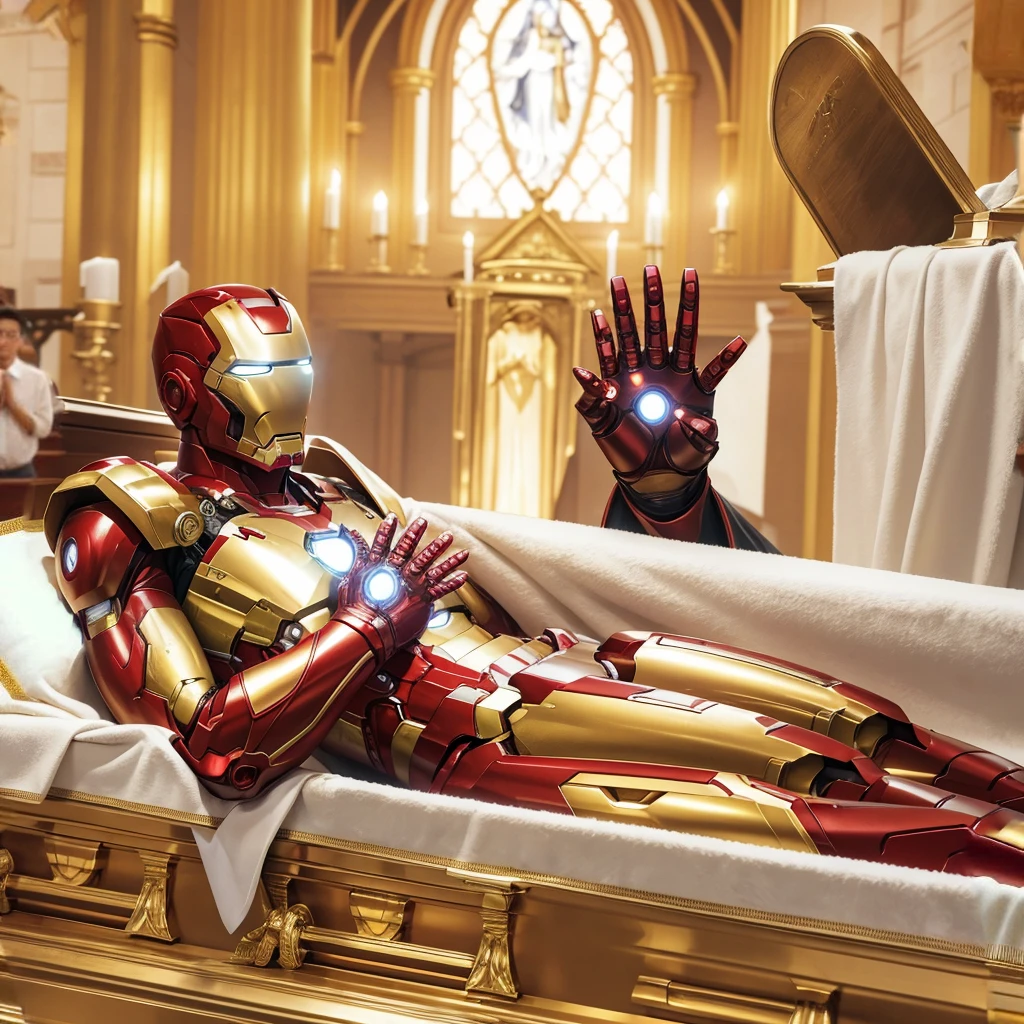 an high resolution image of iron man, lies in a golden coffin. He is in a peaceful state with his hands clasped on his chest. Around the coffin, Jesus Christ ( from bible)wearing white robe praying, background in church, people paying their respects.