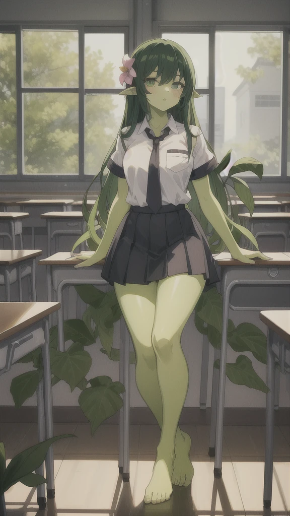 1girl,20s,adult,madure female,, alraune, white shirt,short sleeves,black standard tie,black school skirt,green hair,long hairmflower, vines on body, full body, classroom,(greenskin)