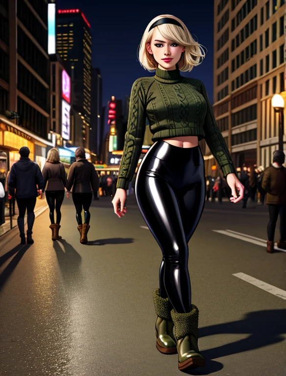 1girl, solo, (Gwen Stacy:1.1), platinum blonde hair, bright blue eyes, ((Wearing: Black headband, olive green sweater, shiny black leggings, Ugg Boots)),holding a handbag, looking at viewer with a relaxed and mellow smile, walking outside on New York streets, crowds of people on the surroundings, full body, busy atmosphere, cinematic lighting, detailed background,