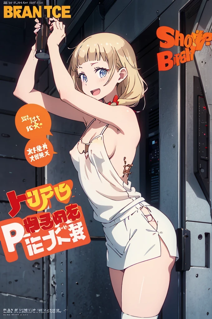 (small breasts:1.2), (perky chest:1.2), (pointed chest:1.2), (Pudding cake magazine cover:1.3),(from above:1.0),(shoot from the side:1.1),masterpiece, 1girl, Amazing Cleavage:1.1, thin waist, optimum,tmasterpiece,hight resolution,best qualtiy,hyper HD,super detailing,awardwinning,a 18yo cute girl,(The upper part of the body),anatomy correct,Beautiful Black miniskirt,garters,Gaze,Small face,bangss,holster,Beautuful Women,hands up,leg holster,Gaze,black boots,Cowboy Shot,cute face,a blond,Longhaire,Twin-tailed,Braids, Hairline,(scarlet eyes),long eyelasher,Hanging eye corners,White skin of the, ((see through camisole:1.1)), ((Sheer nipples:1.0)),Rocket Tits,(Slim body),smile,seductive weak smiling,(with sparkling eyes and a contagious smile),little open mouth, Looking at Viewer,