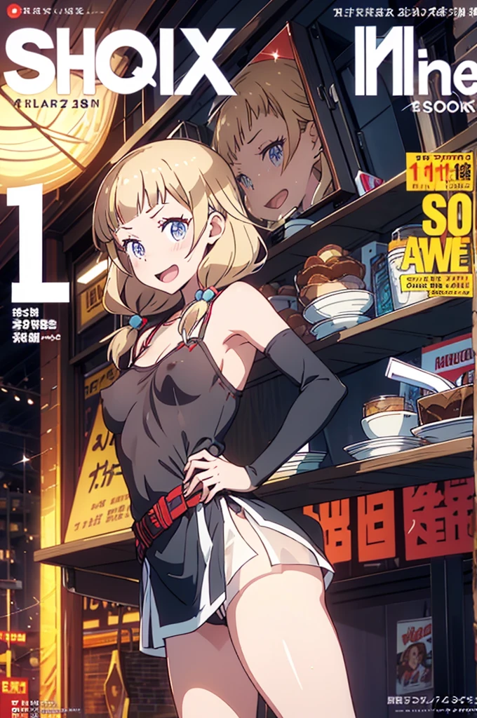 (small breasts:1.2), (perky chest:1.2), (pointed chest:1.2), (Pudding cake magazine cover:1.3),(from above:1.0),(shoot from the side:1.1),masterpiece, 1girl, Amazing Cleavage:1.1, thin waist, optimum,tmasterpiece,hight resolution,best qualtiy,hyper HD,super detailing,awardwinning,a 18yo cute girl,(The upper part of the body),anatomy correct,Beautiful Black miniskirt,garters,Gaze,Small face,bangss,holster,Beautuful Women,hands up,leg holster,Gaze,black boots,Cowboy Shot,cute face,a blond,Longhaire,Twin-tailed,Braids, Hairline,(scarlet eyes),long eyelasher,Hanging eye corners,White skin of the, ((see through camisole:1.1)), ((Sheer nipples:1.0)),Rocket Tits,(Slim body),smile,seductive weak smiling,(with sparkling eyes and a contagious smile),little open mouth, Looking at Viewer,