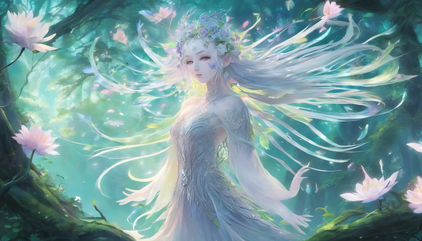 (((Wood elves floating above the forest, Tearing flowers in the forest ))) green hair, body, Radial glow, white fern flowers, Optical, Panoramic lighting, atmospheric perspective, dawn, Smoothing: 5D, Light painting, Color, beautiful countenance, clear facial features, symmetrical transparent wings, impressive detail.  ((torso)), best quality, Artwork, a Japanese woman with ((White hair with luminescence)), ((detailed pearl blue eye)), highly detailed goddess soul, character focus, Alone, (Swirl Style Magical), Alone, front view, front view, looking at viewer, detailed face, ((Luminescent Lighting Magic Circle Theme)), perched on a ledge, tight neon body, light stripes, dark abyssal wanderer abstract, (( Simple Luminescence Neon Dress), inscribed with mystical runes, dystopian outdoor background,