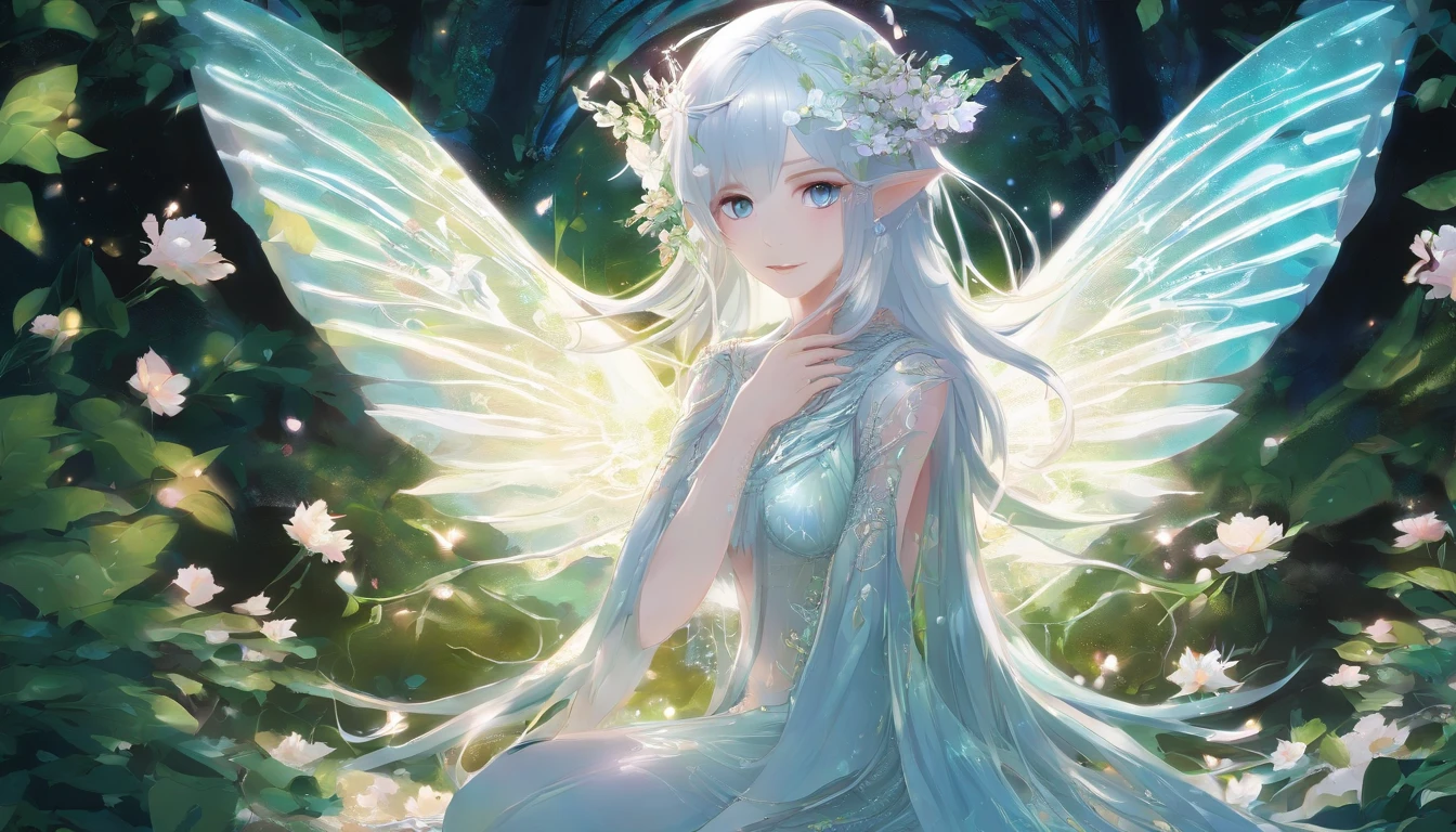 (((Wood elves floating above the forest, Tearing flowers in the forest ))) green hair, body, Radial glow, white fern flowers, Optical, Panoramic lighting, atmospheric perspective, dawn, Smoothing: 5D, Light painting, Color, beautiful countenance, clear facial features, symmetrical transparent wings, impressive detail.  ((torso)), best quality, Artwork, a Japanese woman with ((White hair with luminescence)), ((detailed pearl blue eye)), highly detailed goddess soul, character focus, Alone, (Swirl Style Magical), Alone, front view, front view, looking at viewer, detailed face, ((Luminescent Lighting Magic Circle Theme)), perched on a ledge, tight neon body, light stripes, dark abyssal wanderer abstract, (( Simple Luminescence Neon Dress), inscribed with mystical runes, dystopian outdoor background,