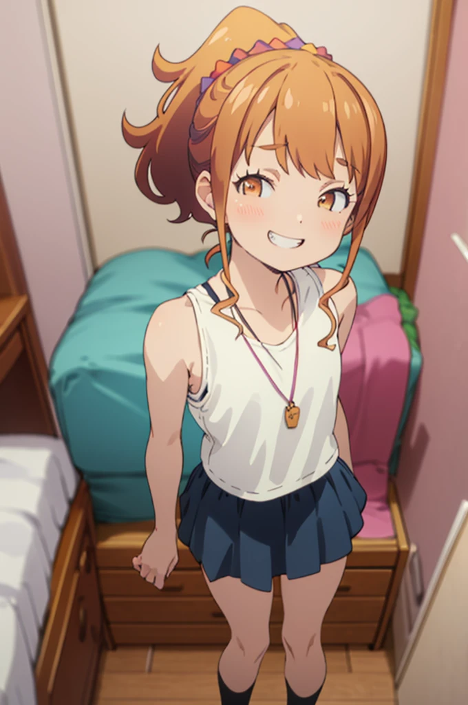 best quality, (masterpiece:1.2), highly detailed,
my room ,, jinno megumi,
1girl, solo, , looking at the viewer,grin
brown hair, ponytail, brown eyes, scrunchie, necklace,
casual clothes,sleeveless,miniskirt,small breasts,nsfw,socks