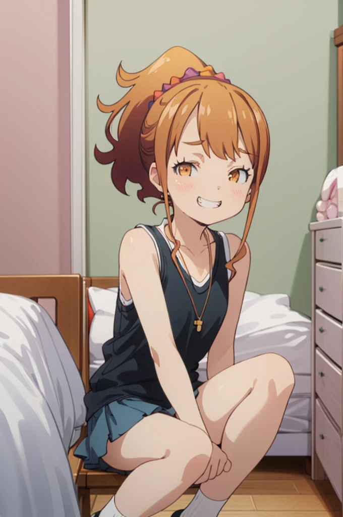 best quality, (masterpiece:1.2), highly detailed,
my room ,, jinno megumi,
1girl, solo, , looking at the viewer,grin
brown hair, ponytail, brown eyes, scrunchie, necklace,
casual clothes,sleeveless,miniskirt,small breasts,nsfw,socks