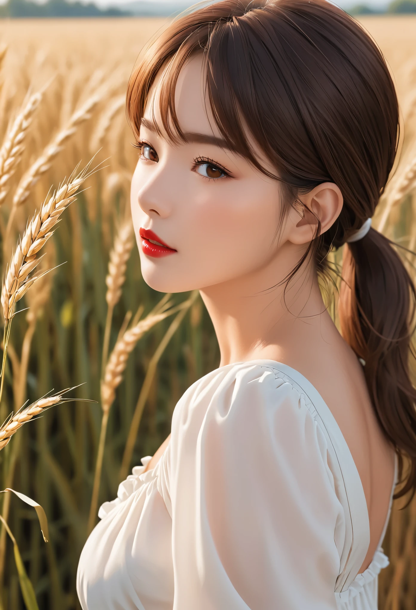 (masterpiece:1.4),, (best quality:1.4),, Ultra-high resolution,, 8K, CG,, (Very delicate and beautiful:1.2),, , Upper Body,, from the side,, View viewer,, , a girl,, alone,, robber girl,, Adult,, , Lovely, Sweet,, , in the wheat field,, Blurred background,, , long brown hair,, ponytail,, , Brown eyes,, mouth closed,, red lips,, , Face blown by the wind,, , White dress,, Medium chest,