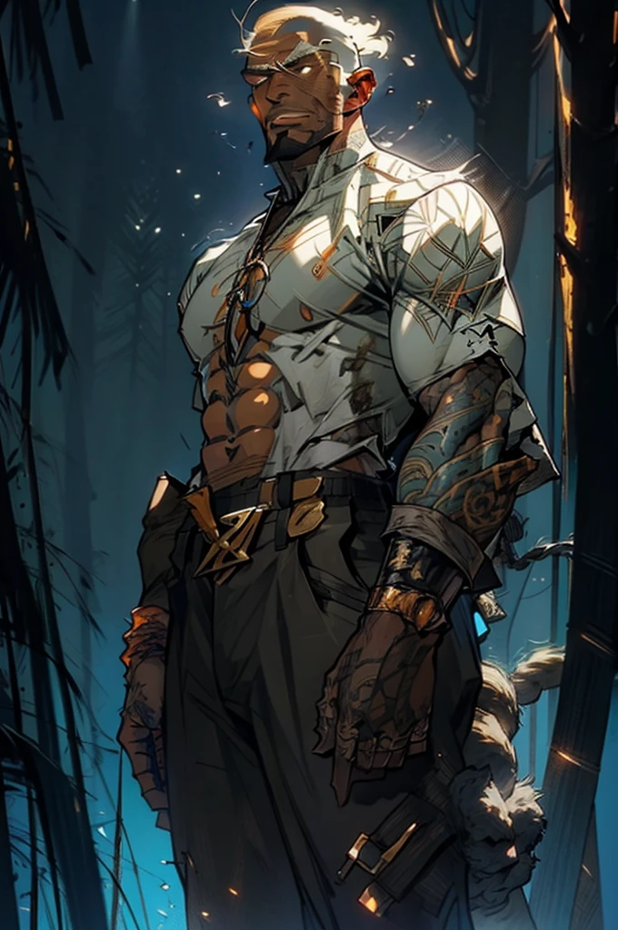 A muscular rebellious and wild black male werewolf monster (afro) bald and bearded man side by side with a beautiful exuberant and perfect young white woman, blonde haired ariana, very long detective, Policerman, investigator in uniform and armed traveling through a forest at night running courageously together facing the shadow monsters in an incredible hunt against the dangerous monster Wendigo