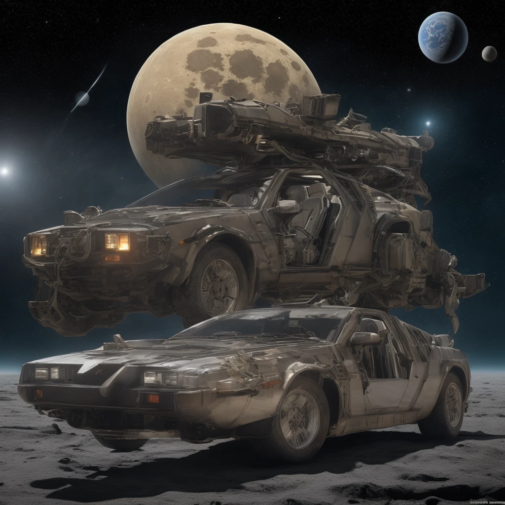 ((Best Quality)), ((Masterpiece)), (detailed), delorean on the moon with space and planets in the background