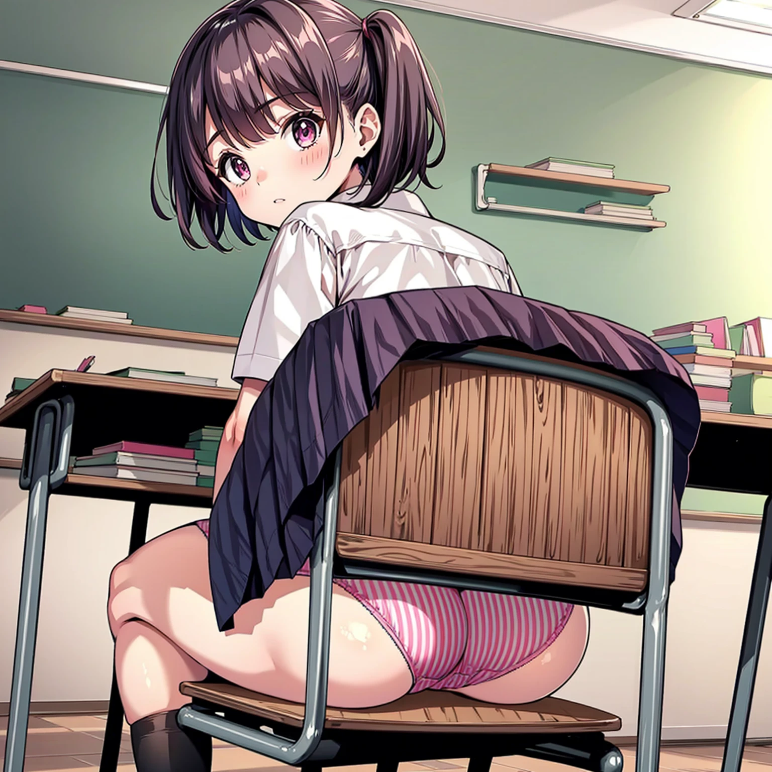 from behind, 1 girl, chair exposure, ass, skirt lift, pleated skirt, looking back, classroom,pink stripe panties