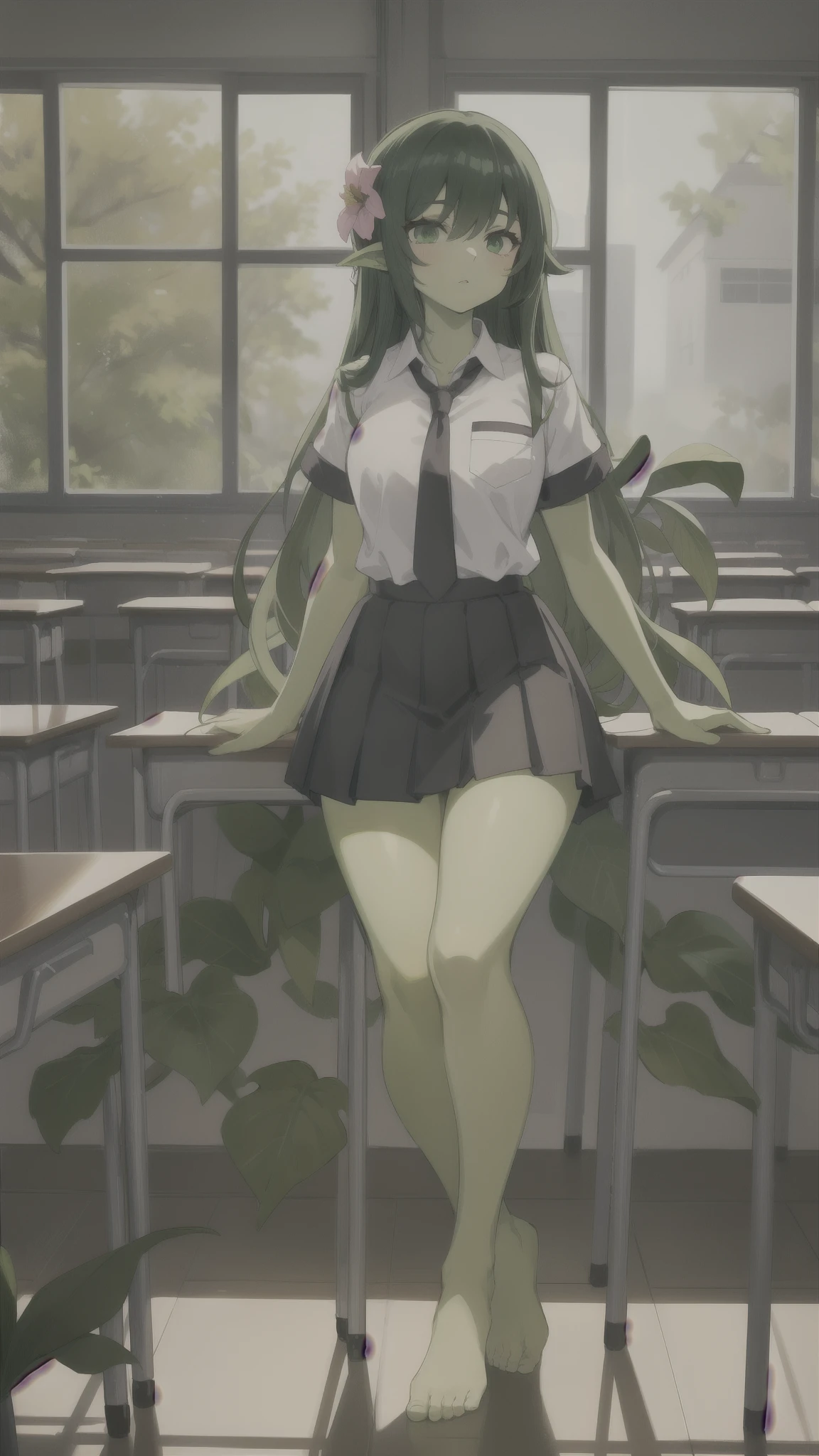 1girl,20s,adult,madure female,, alraune, white shirt,short sleeves,black standard tie,black school skirt,green hair,long hairmflower, vines on body, full body, classroom,(greenskin)