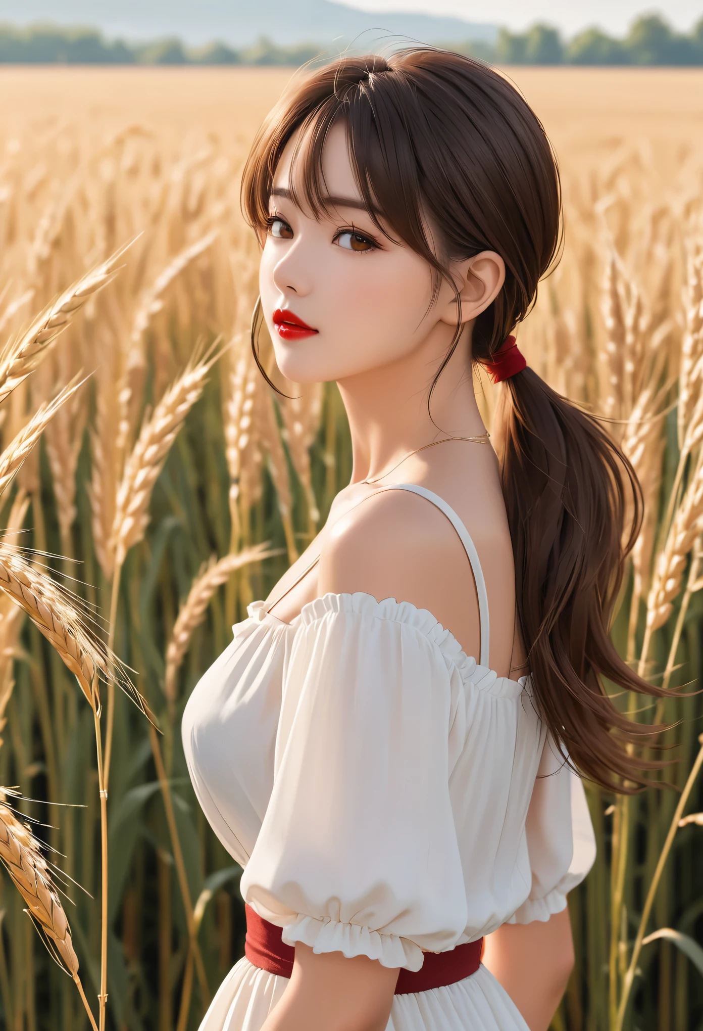 (masterpiece:1.4),, (best quality:1.4),, Ultra-high resolution,, 8K, CG,, (Very delicate and beautiful:1.2),, , Upper Body,, from the side,, View viewer,, , a girl,, alone,, robber girl,, Adult,, , Lovely, Sweet,, , in the wheat field,, Blurred background,, , long brown hair,, ponytail,, , Brown eyes,, mouth closed,, red lips,, , Face blown by the wind,, , White dress,, Medium chest,