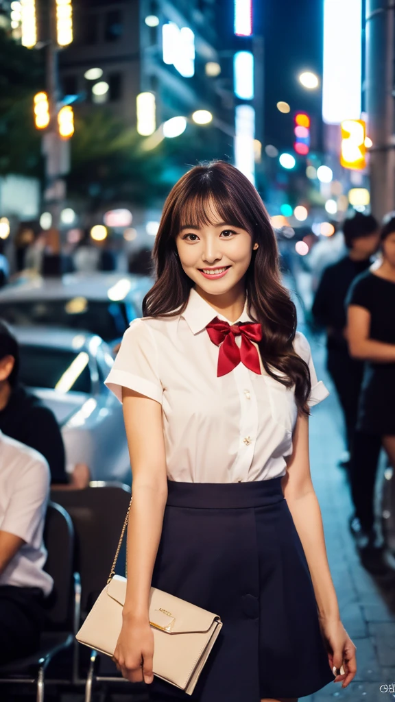 (8K, RAW Photos, Highest quality, Learning:1.3),(Realistic,photo-Realistic:1.37),(night),(The audience watching:1.331),(Gray Hair),Pause,Tokyo Street,nightcityscape,Cyberpunk City,Soft Light, One girl, Very beautiful face, Perfect Body Proportions, focal distance, bust, casual hairstyle, smile, Big eyes, (short sleeves JK_shirt), JK_style, (navy JK_skirt), (bow JK_tie), Mix 4, Fine grain