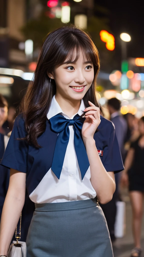 (8K, RAW Photos, Highest quality, Learning:1.3),(Realistic,photo-Realistic:1.37),(night),(The audience watching:1.331),(Gray Hair),Pause,Tokyo Street,nightcityscape,Cyberpunk City,Soft Light, One girl, Very beautiful face, Perfect Body Proportions, focal distance, bust, casual hairstyle, smile, Big eyes, (short sleeves JK_shirt), JK_style, (navy JK_skirt), (bow JK_tie), Mix 4, Fine grain