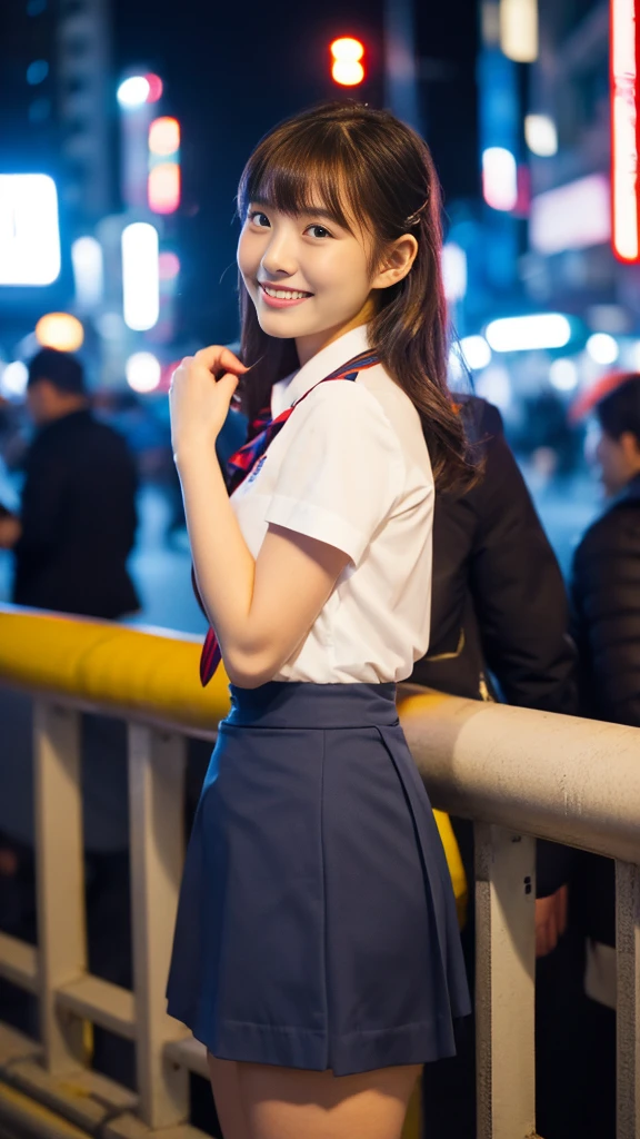 (8K, RAW Photos, Highest quality, Learning:1.3),(Realistic,photo-Realistic:1.37),(night),(The audience watching:1.331),(Gray Hair),Pause,Tokyo Street,nightcityscape,Cyberpunk City,Soft Light, One girl, Very beautiful face, Perfect Body Proportions, focal distance, bust, casual hairstyle, smile, Big eyes, (short sleeves ＪＫ_shirt), ＪＫ_style, (navy ＪＫ_skirt), (bow ＪＫ_tie), Mix 4, Fine grain