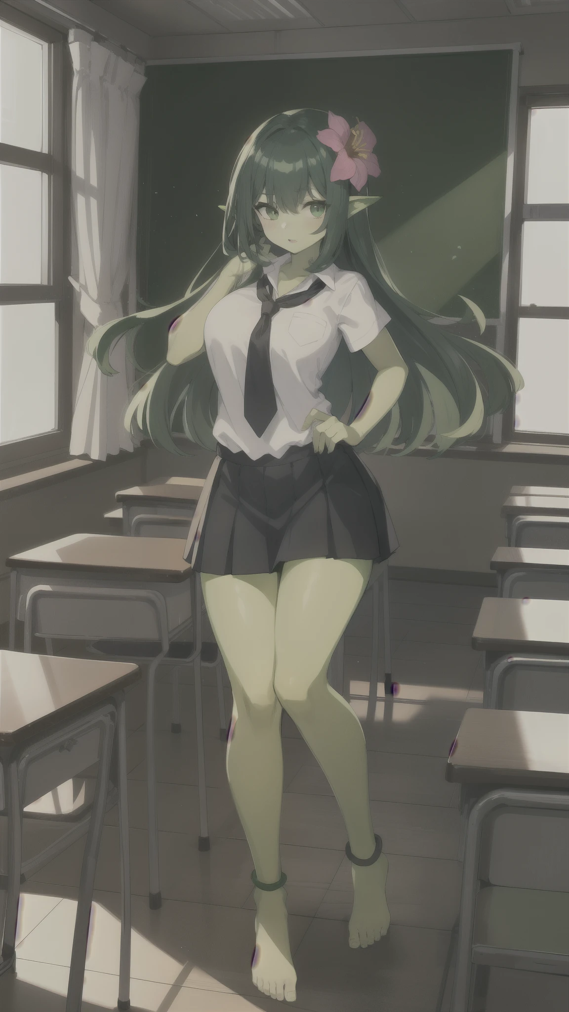 1girl,20s,adult,madure female,, alraune, white shirt,short sleeves,black standard tie,black school skirt,green hair,long hairmflower, vines on body, full body, classroom,(greenskin)