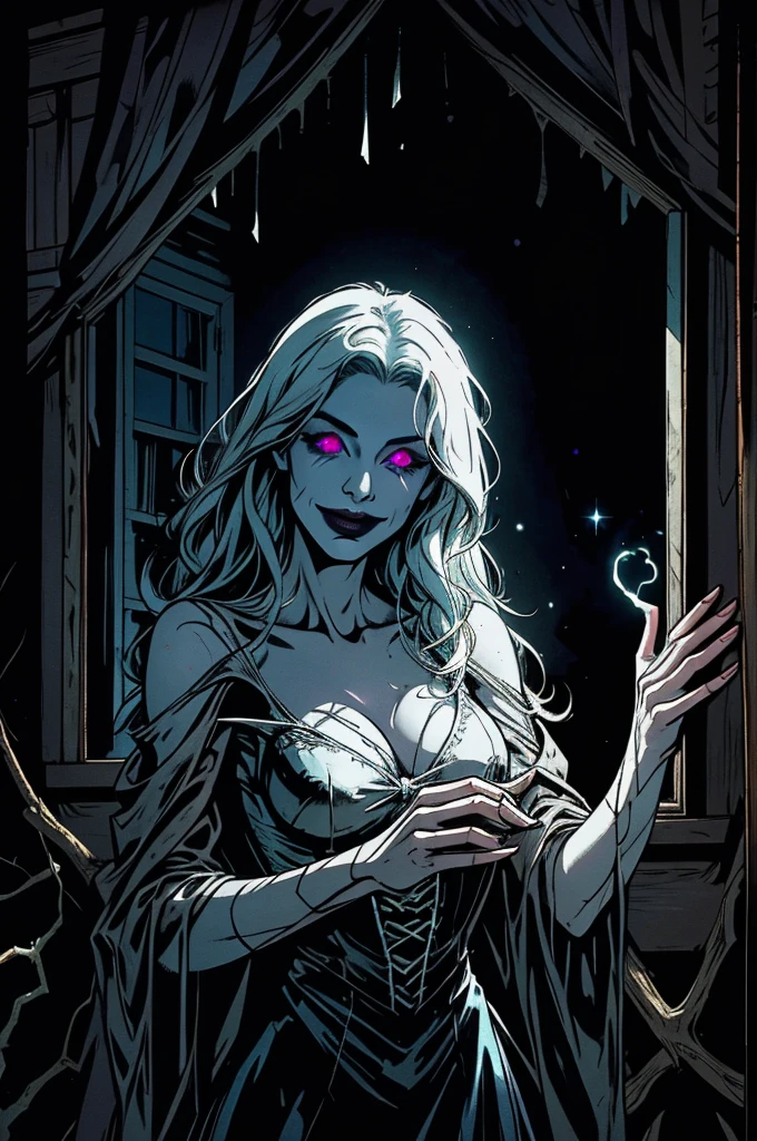 An old abandoned mansion in the middle of a dark and foggy forest. The windows are broken and covered with cobwebs. A faint, ghostly light emanates from within the house, illuminating shadows that move on their own. In the garden, twisted and dead trees extend their branches like skeletal hands. A dark, indistinct figure appears at the entrance, with glowing eyes and a macabre smile, watching anyone who dares to approach