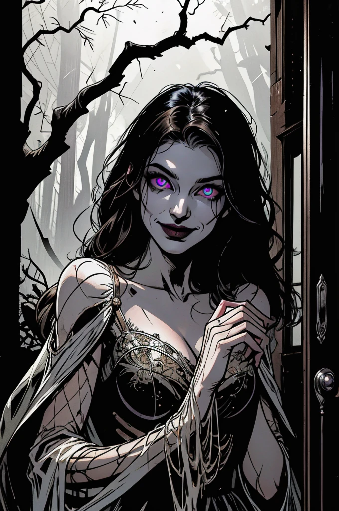 An old abandoned mansion in the middle of a dark and foggy forest. The windows are broken and covered with cobwebs. A faint, ghostly light emanates from within the house, illuminating shadows that move on their own. In the garden, twisted and dead trees extend their branches like skeletal hands. A dark, indistinct figure appears at the entrance, with glowing eyes and a macabre smile, watching anyone who dares to approach