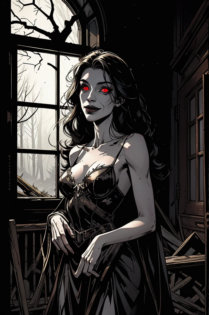 An old abandoned mansion in the middle of a dark and foggy forest. The windows are broken and covered with cobwebs. A faint, ghostly light emanates from within the house, illuminating shadows that move on their own. In the garden, twisted and dead trees extend their branches like skeletal hands. A dark, indistinct figure appears at the entrance, with glowing eyes and a macabre smile, watching anyone who dares to approach