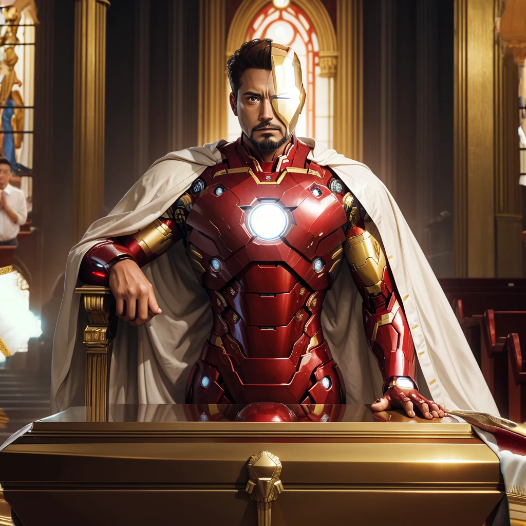 an high resolution image of iron man, lies in a golden coffin. He is in a peaceful state with his hands clasped on his chest. Around the coffin, Jesus Christ ( from bible)wearing white robe praying, background in church, people paying their respects.