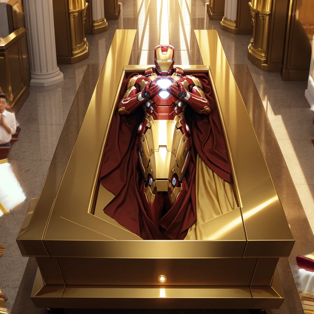an high resolution image of iron man, lies in a golden coffin. He is in a peaceful state with his hands clasped on his chest. Around the coffin, Jesus Christ ( from bible)wearing white robe praying, background in church, people paying their respects.