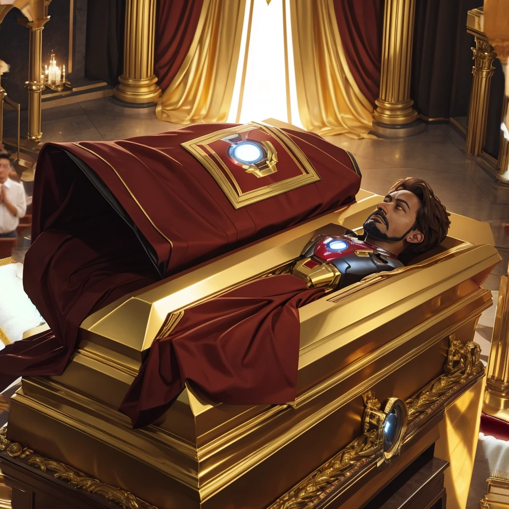 an high resolution image of iron man, lies in a golden coffin. He is in a peaceful state with his hands clasped on his chest. Around the coffin, Jesus Christ ( from bible)wearing white robe praying, background in church, people paying their respects.