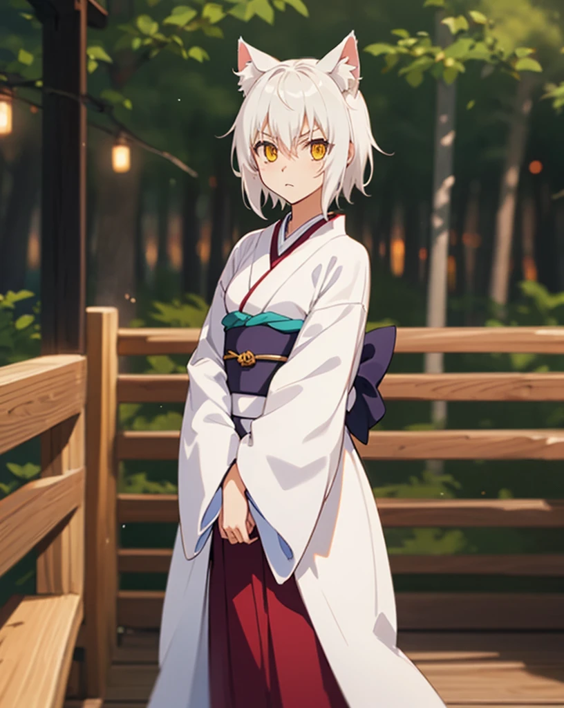 (4k),(Masterpiece),Extremely Detailed,Refined,Super Detailed,Professional Photography,Bokeh,High Definition,Sharp Detail,Best Quality,RTX,
day,forest,
ToujoKoneko,1 girl,white hair,small breasts,short hair,white cat ears,yellow eyes,cat ears,slit_pupils,
kimono,long kimono,black obi,white kimono,closed clothes,
serious,standing on the deck of a wooden ship,looking_at_viewer,