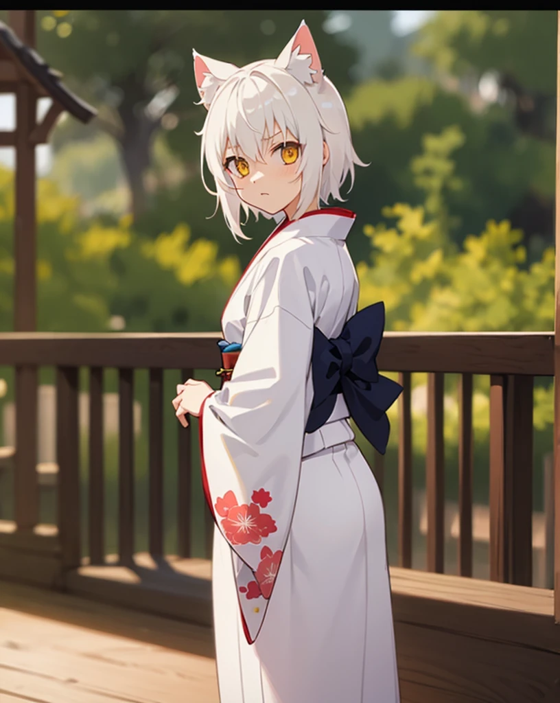 (4k),(Masterpiece),Extremely Detailed,Refined,Super Detailed,Professional Photography,Bokeh,High Definition,Sharp Detail,Best Quality,RTX,
day,forest,
ToujoKoneko,1 girl,white hair,small breasts,short hair,white cat ears,yellow eyes,cat ears,slit_pupils,
kimono,long kimono,black obi,white kimono,closed clothes,
serious,standing on the deck of a wooden ship,looking_at_viewer,