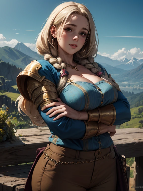 (masterpiece, highly detailed, artstation, absurdres, fantasy), solo, (big head, full rosy cheeks), happy facial expression, (woman dwarf, extremely short body, round fat body, broad shoulders), blonde hair in long thick braids, golden tattoos on her face, bangles, light armor, blue shirt, brown pants, in the hills, clear skies, mountains in the distance, hugging a book in front of her chest, sharp focus, cinematic composition, 