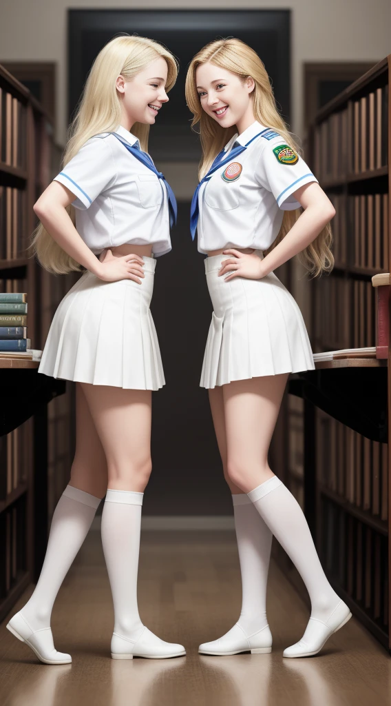 Almost Identical Twin Stepdaughters Joey White and Sami White, long blonde hair, white skin, Joey White and Sami White, 2 full body twins, masterpiece, a beautiful , long blonde hair, (fantasy library background), erotic photoshoot, bent over a desk, from front side, girlscout uniform, shackles on legs, cow bell on neck, happy face, looking to the viewer