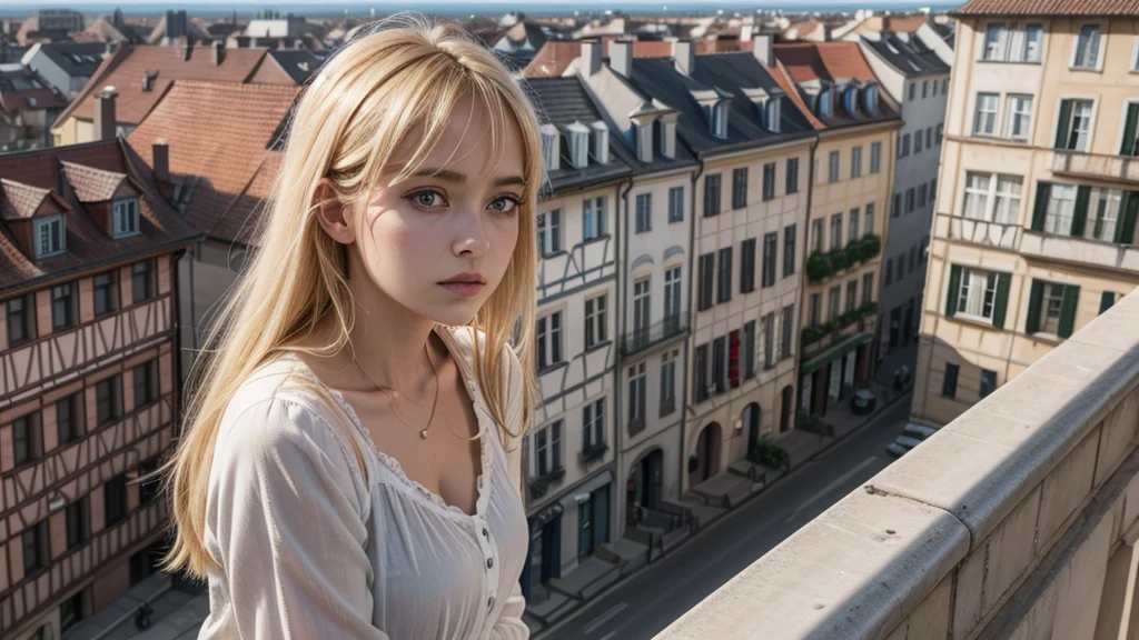 sad blonde woman on a balcony, looking at a city with simple houses and ancient Germanic architecture