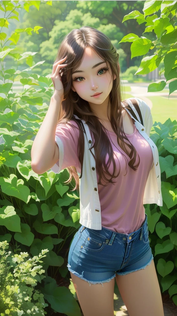 Arafed woman in a pink shirt and denim shorts poses for a photo, Beautiful young girl model, beautiful model girl, with long hair,  realisti, attractive anime girl, beautiful seductive anime , ( ( ( skinny jeans shorts ) ) )