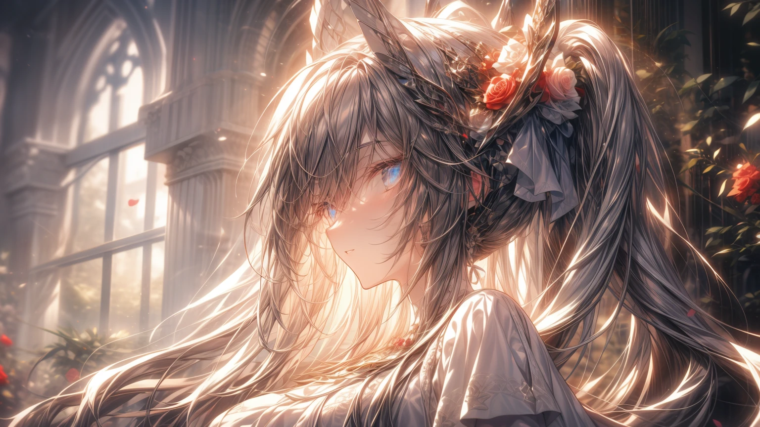 A teenage girl，Wilted roses，Gothic，White hair，Hyper-Resolution，Accuracy，detail render，（Delicate Face Portrayal）（Fine hair depiction）（Best quality at best）（tmasterpiece）（High degree of completion）（a sense of atmosphere）tmasterpiece，ultra - detailed（bust）style of anime