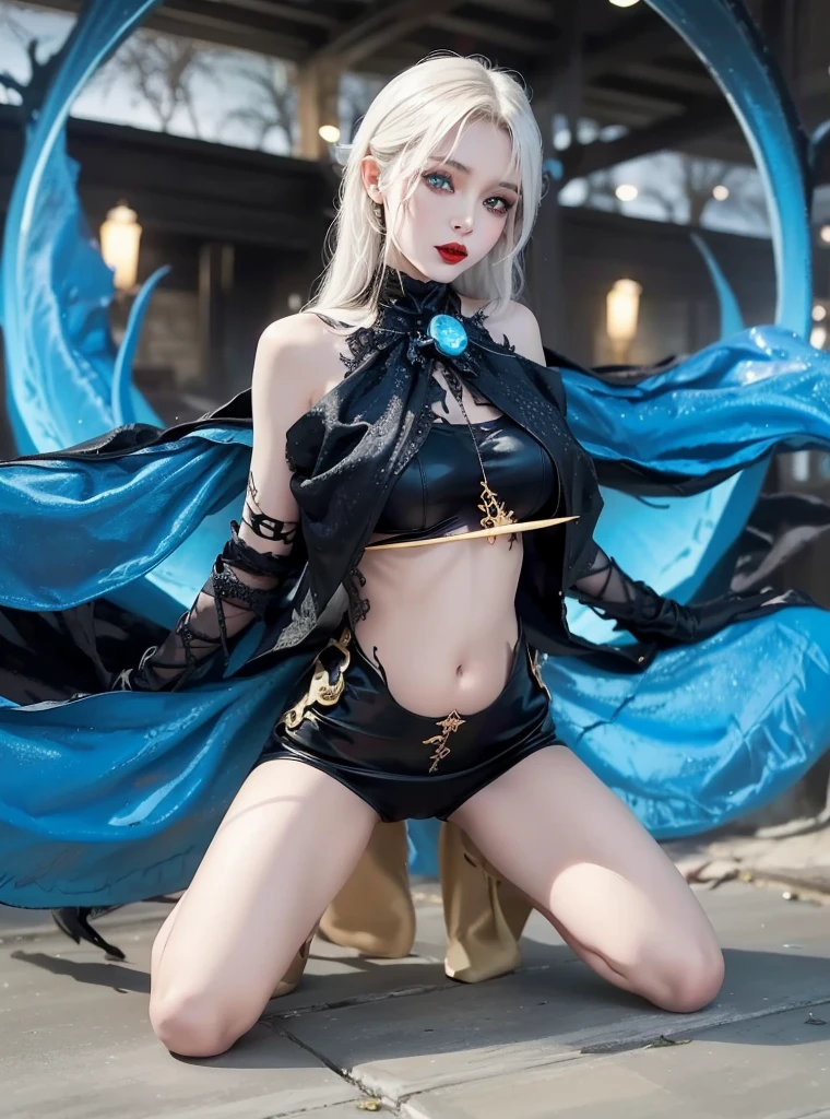 Detailed image quality,Witch Pandora,wing, Succubus Theme,堕落Angel,Excellent,scary,Secret Terror,Tentacles,With eyes,Uncanny Valley Effect,Beast Blood Moon,skeleton,vampire,Hellfire,Dark Queen,Angel,magician magic witch,16岁Angel,Eyes are blue(Pupils as deep as the starry sky),Gorgeous tattoo designs all over the body,Surreal photos(8K picture quality,Rich in details),Dark eyeshadow,Sexy thick lips(Red lipstick),Tattoo designs on body,Dark Queen,Wear luxurious gold jewelry,Dark Queen,Kneeling on the ground,Black gloves