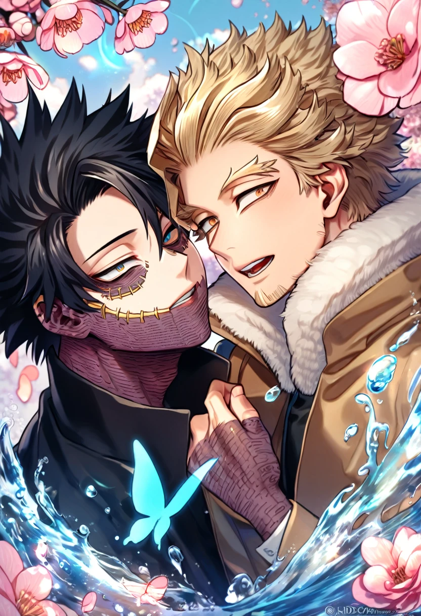 absurdres, highres, ultra detailed, HDR, master piece, best quality, extremely detailed face, delicated features, Hawks, ash blond hair, swept messily, slicked back, expressive brown eyes, Boku No Hero Academia, Dabi, black hair spiked around his head, expressive turquoise eyes,two sexy men together, yaoi, gay couple, handsome, brown jacket with fur, black tight shirt, black coat, water, blossoms, pink flowers, pink butterflies, fantasy, magic, radiant