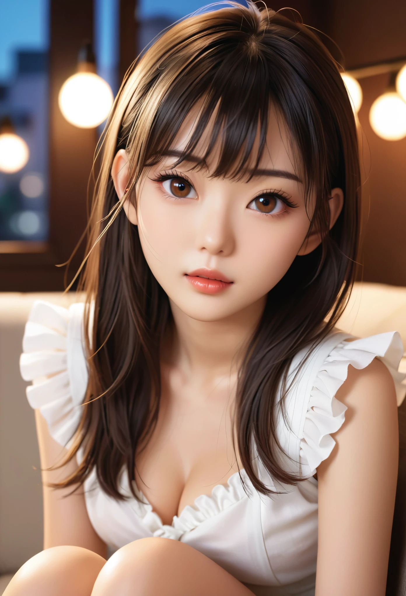 masterpiece，1 beautiful girl， (Reality: 1.4)，Japanese，Asian Beauty，Super beautiful，beautiful skin，Thin，(超Reality的な)，(High resolution)，(8K)，(Very detailed)，(Super detailed)，big eyes，Brown eyes，Long eyelashes，Detailed face，Lip Gloss，Bright lights，professional lighting，looking at camera，Half smile，Direct vision，long hair，brown hair，hotel，Nogizaka Idol，actor，20 years old，Large Breasts，Hydrated skin，White suspender skirt，cleavage cutting，，Moisturized and authentic skin texture，moist lips，Natural Tones，Sitting on the sofa in the living room，spread legs，hotel，