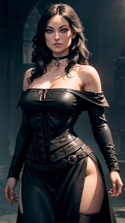 (Olivia Wilde face), realistic face, Generate an illustration of a young (Yennefer of Vengerberg), of Witcher 3, correct head to body proportion, hair combed to sides, layered haircut, de terno preto, long hair flows to her back, hair flows straight down, black hair, Ultrarealistic Bright Violet eyes, both eyes are similar, (big round poking breasts), low-cut deep cleavage, Ultrarealistic juicy round butt, Ultrarealistic detailed hips, thick thighs, black Corset outfit in anime format with a serious style, ((black strapless dress)), Ruby black velvet choker, grey tights, black boots, gothic make up, masterpiece, ((dark lighting)), black background, puffy lips,slendered toned abs, beautiful face