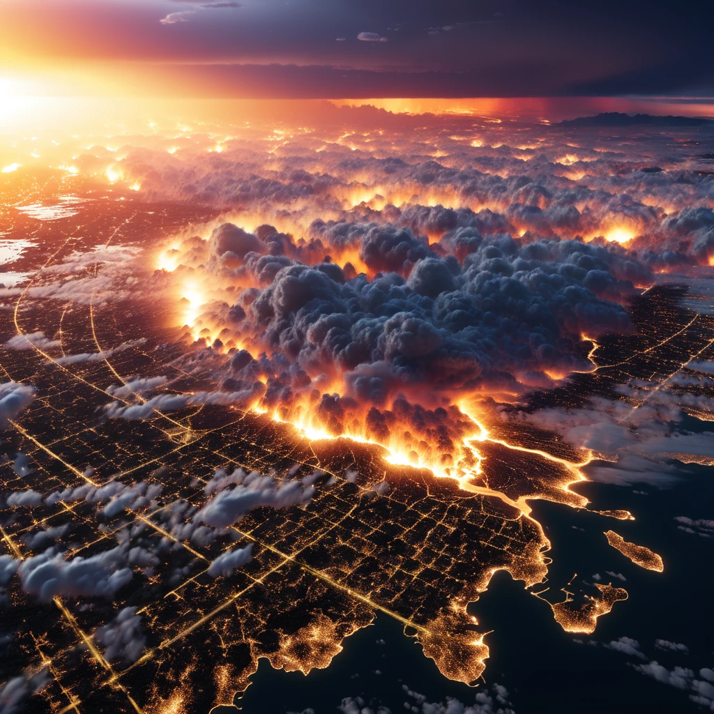 no human, cinematic, epic scale, dramatic, panoramic, bird's eye view, meteor, disaster, cataclysm, nightscape, cityscape, coastal city, glowing sky, dramatic lighting, cinematic composition, photorealistic, 8k, high resolution, masterpiece, hyper detailed, ultra-realistic, studio lighting, physically-based rendering